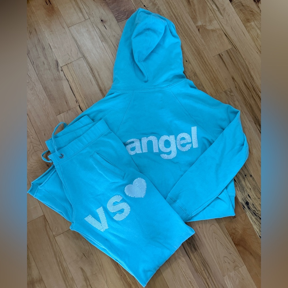 Victoria's Secret PINK Angel VS Sequin Velour Tracksuit Hoodie Sweatpants Teal